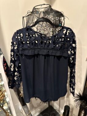 Ann Taylor Loft Lace-Detail Long Sleeve Top - Navy Blue